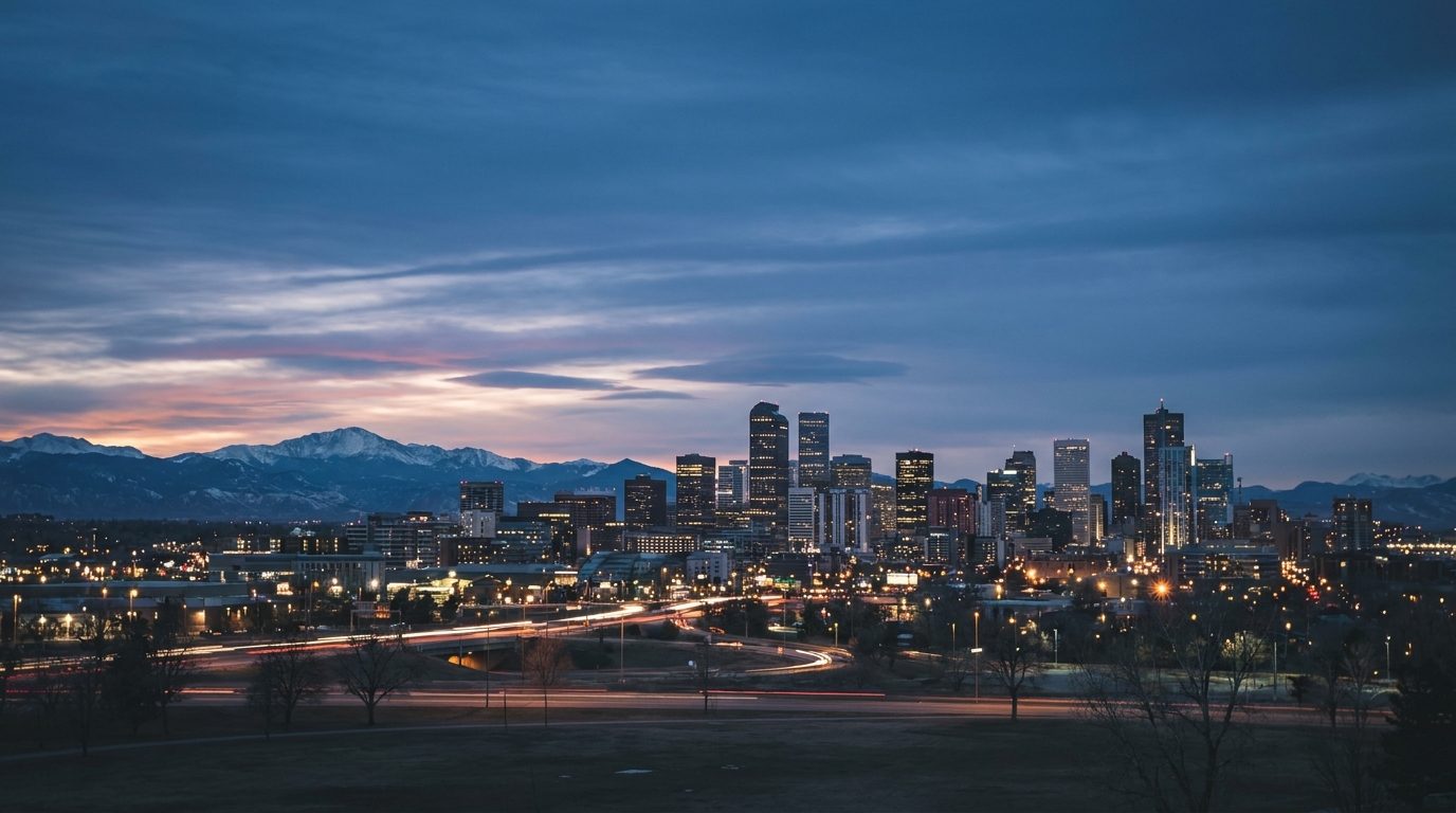 The Denver skyline with the Front Range behind it
